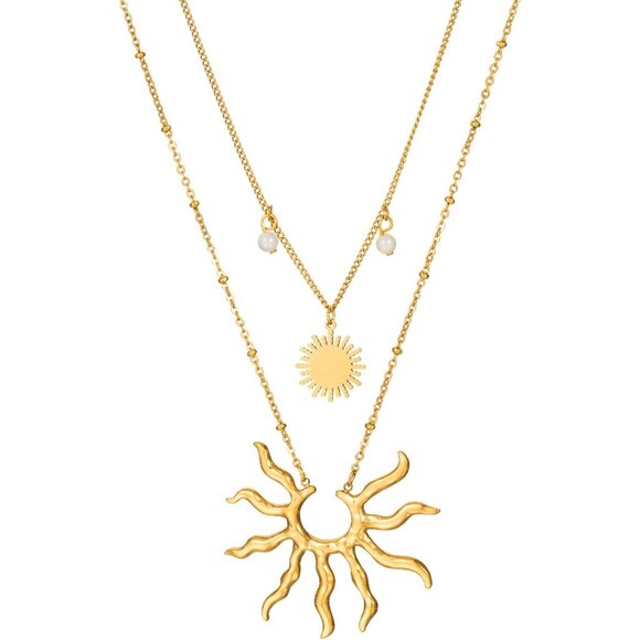 Gold Necklace Women Layered Sun Pendant Pearl Accents Jewelry Gift - Picture 1 of 3